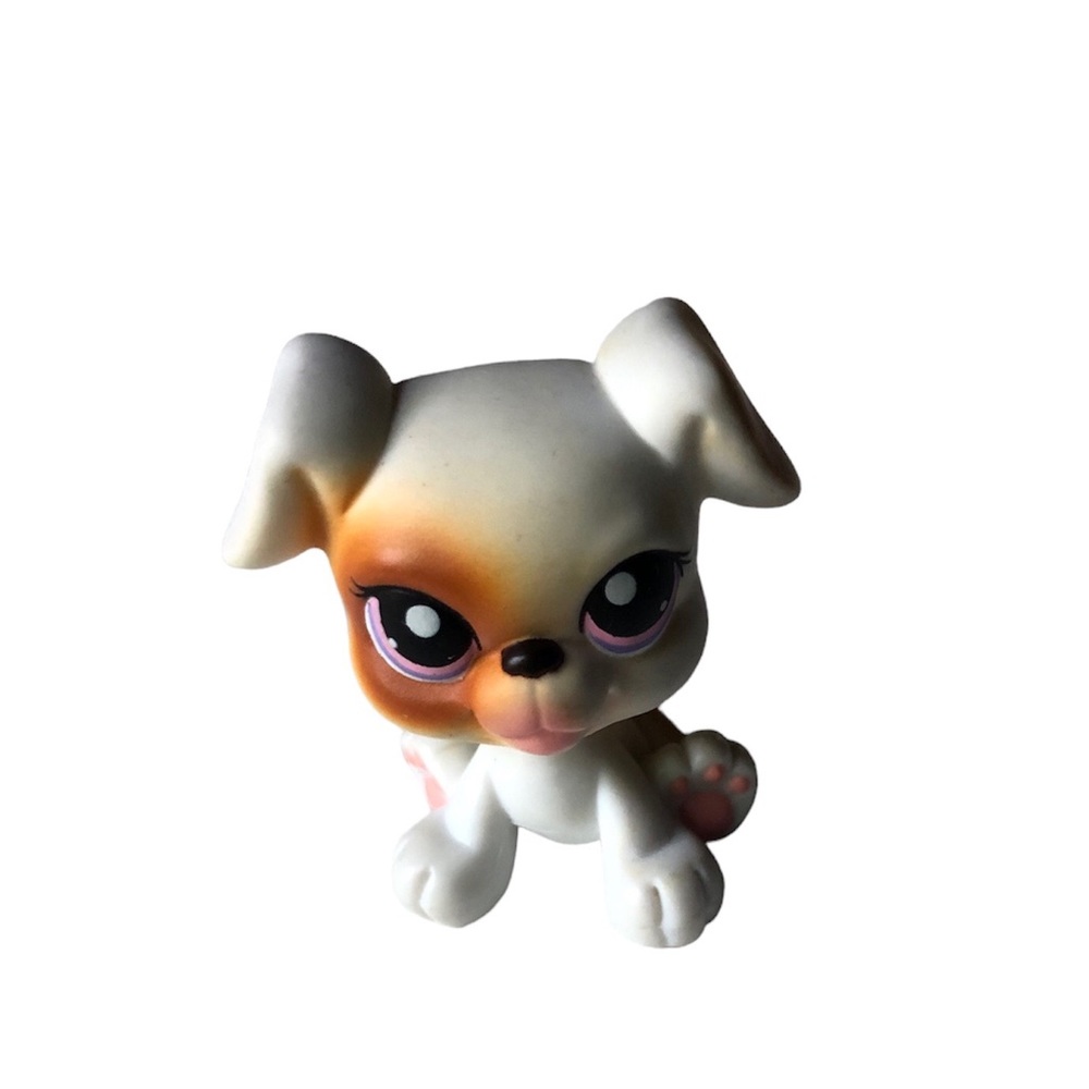 Littlest Pet Shop LPS Hasbro #84 Boxer Brown White Puppy Dog Purple/Pink Eyes